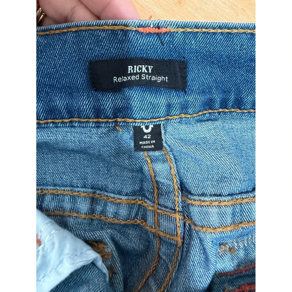 True Religion Ricky Relaxed Straight Jeans Mens 42 Blue Grunge Medium Wash